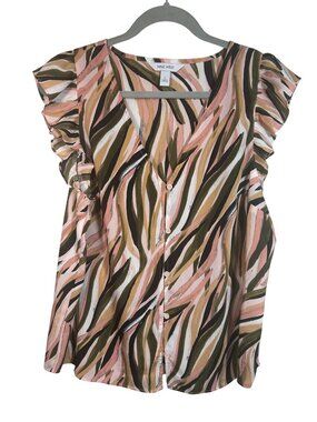 Nine West Womens Flutter Sleeve Blouse Button Front Abstract Print Large